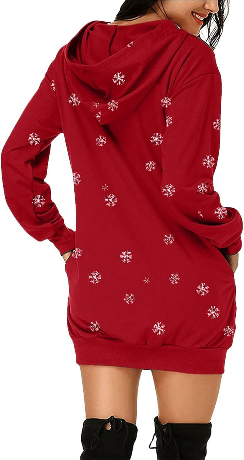 woobles Hoodie Dress, Womens Hoodie Dress Christmas Pattern Print Polyester Casual for Shopping - Image 2